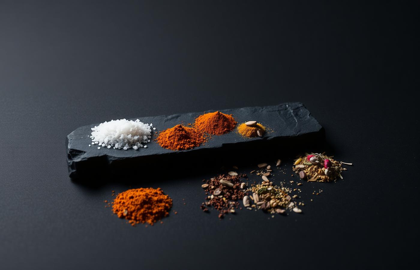 Sol, dimljena paprika, curry i začinsko bilje na tamnoj kamenoj ploči